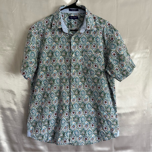 Alan Flusser Mens Floral Button Down Up Short Sleeve Linen Blend Shirt Size L - Picture 1 of 6